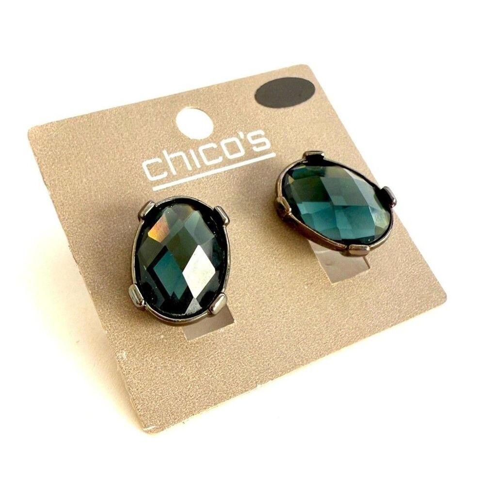 CHICO’S | Faceted Smokey Teal Glass Oval Stud Earrings | NWT